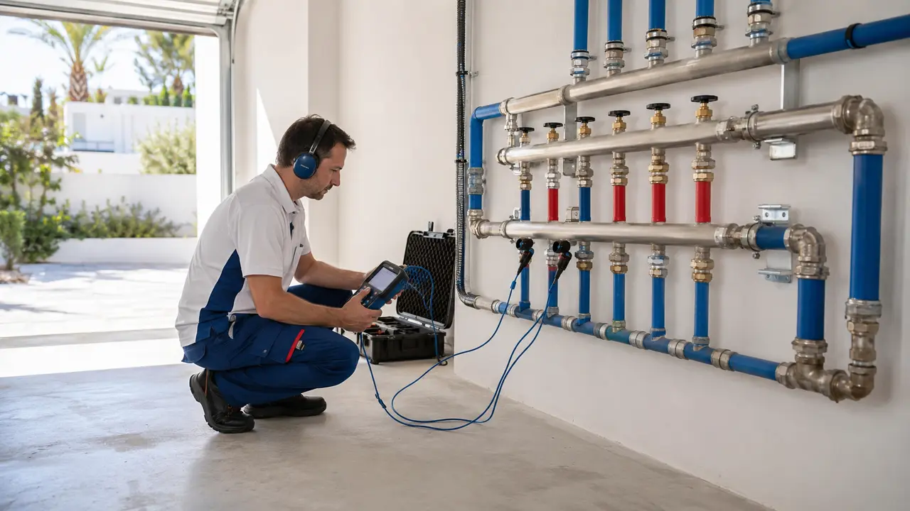 Técnico revisando con cámara térmica una instalación comunitaria en Estepona