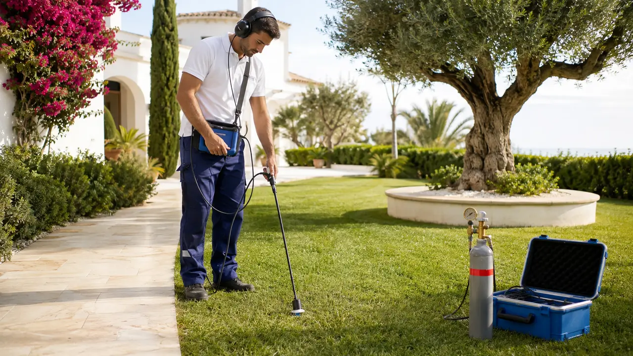 Especialista buscando una fuga de agua en una zona exterior ajardinada de Estepona