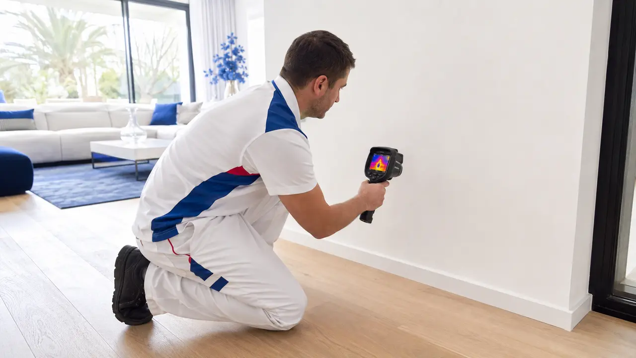 Técnico utilizando una cámara térmica para detectar una fuga oculta en una vivienda